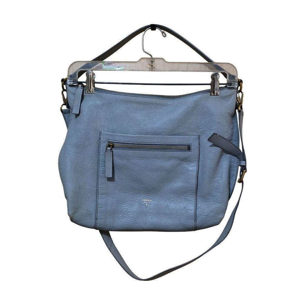 Fossil Light Blue Leather Crossbody Shoulder Bag With Front Zip Pocket